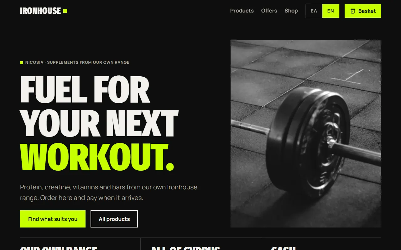 The Ironhouse Supplements homepage: “Fuel for your next workout.” next to a loaded barbell on the gym floor
