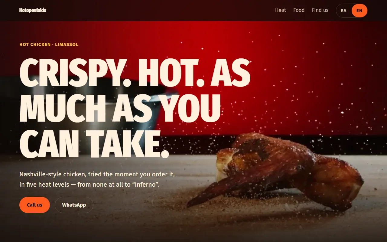 The Kotopoulakis homepage: “Crispy. Hot. As much as you can take.” over chicken wings